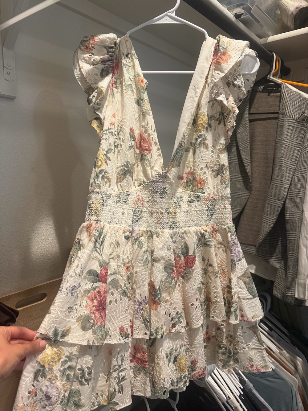 Alice + Olivia Cream Eyelet Mini Dress with Pastel Floral Print